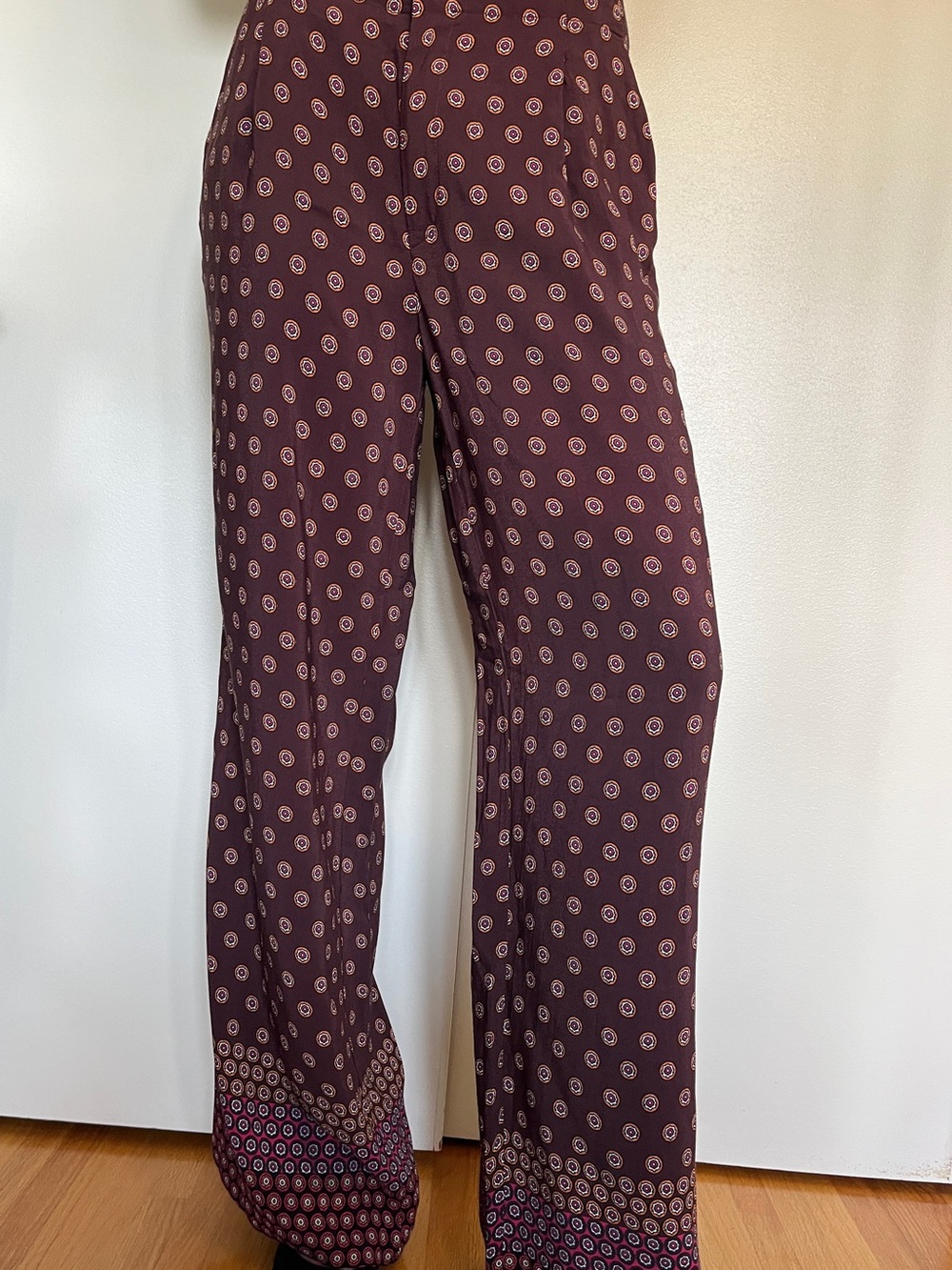 Anthropologie Plum Wide-Leg Patterned Palazzo Pants with Pink Trim